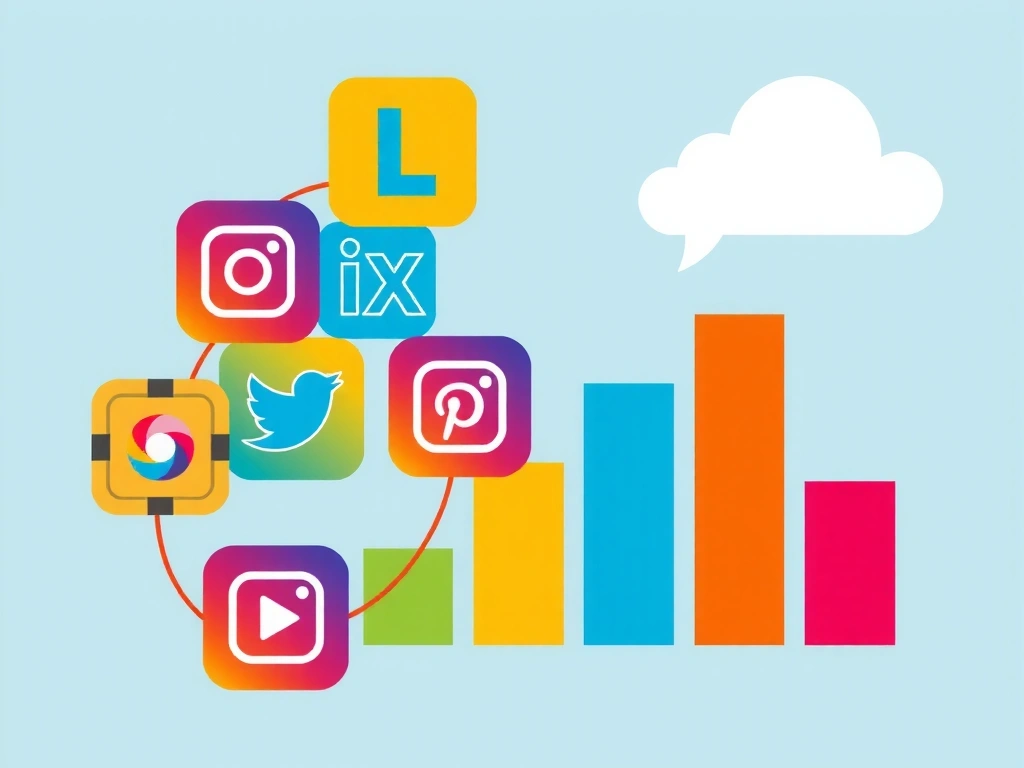 Social media icons and graph representing digital marketing growth