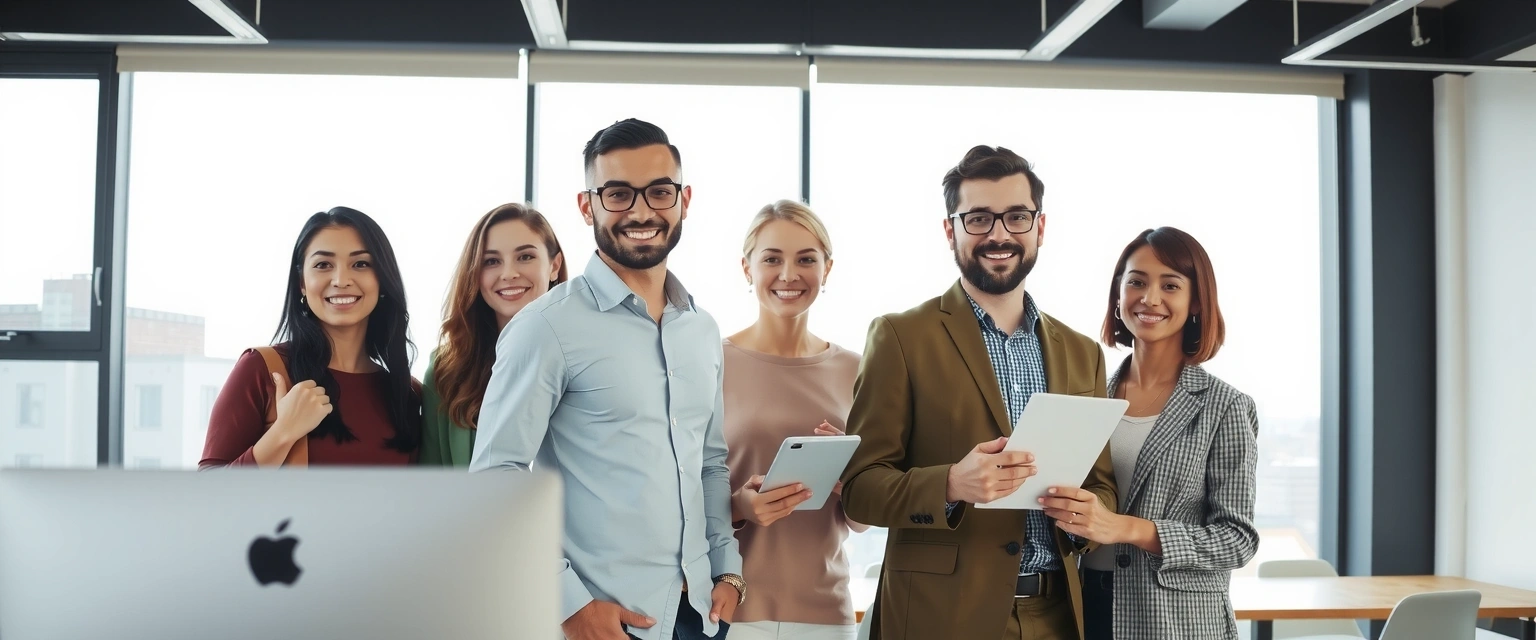 Tým profesionálů usmívající se v moderním kancelářském prostředí, symbolizující spolupráci a pozitivní atmosféru.
