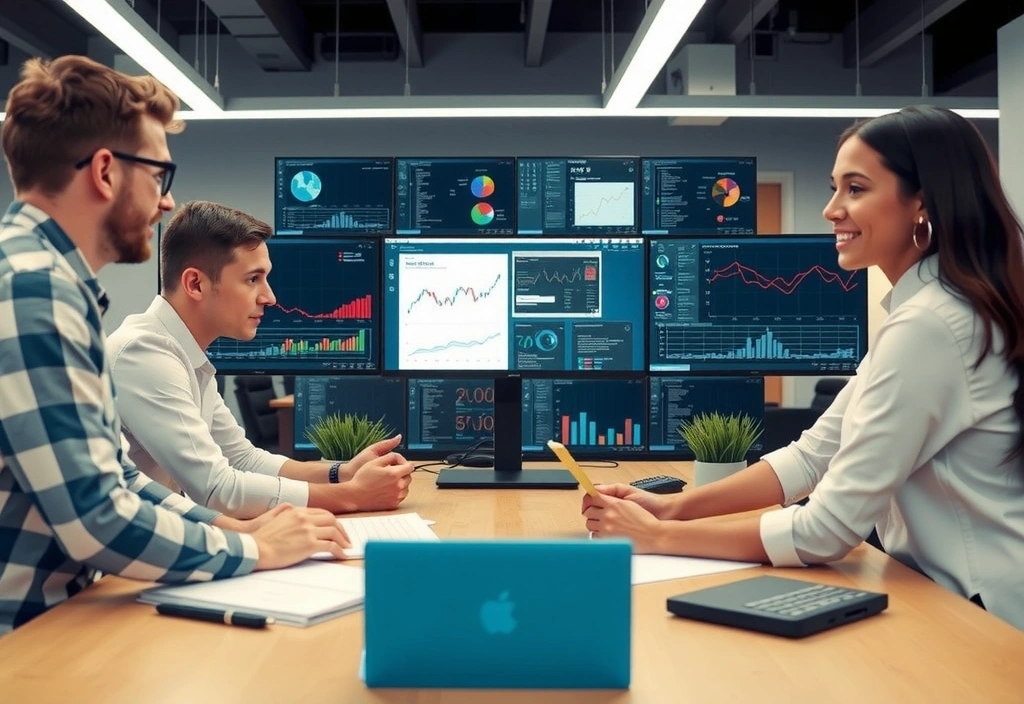 Digital marketing team analyzing data on screens