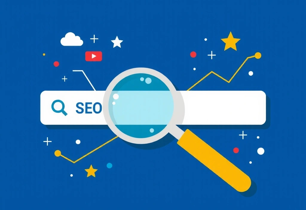 Magnifying glass over a search bar, abstract SEO concept