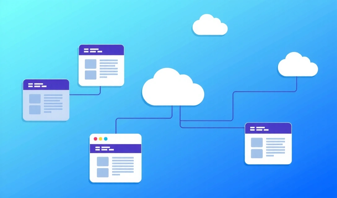 Ilustrace propojených webových stránek, symbolizující odkazy a externí zdroje.