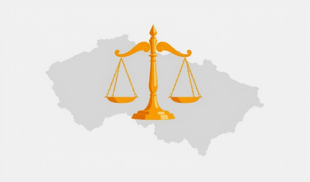 Ilustrace váh spravedlnosti a mapy České republiky, symbolizující rozhodné právo.