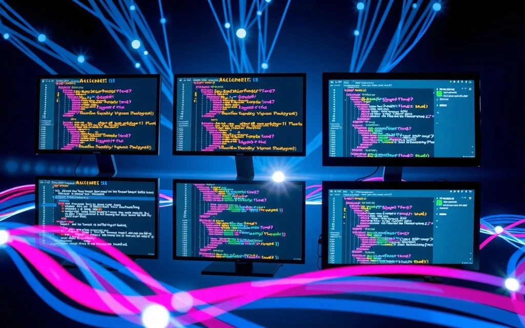 Abstraktní reprezentace webového vývoje s úryvky kódu na více obrazovkách