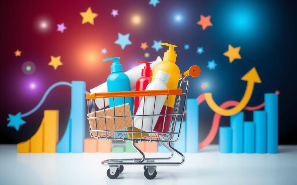 Digitální košík s mnoha produkty a analytickými grafy v pozadí