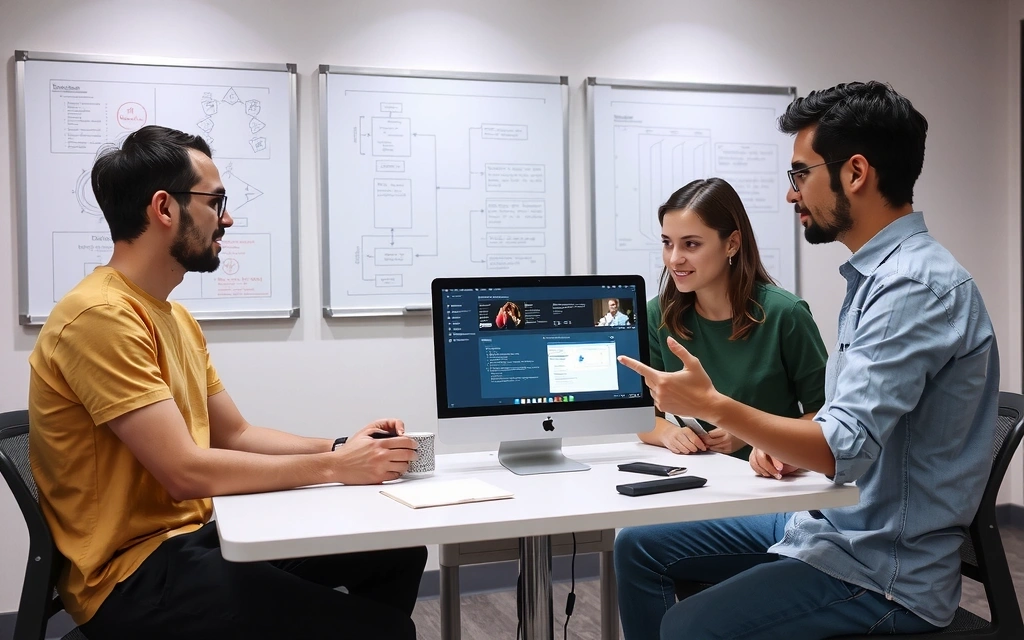 Inženýři pracující na komplexním softwarovém projektu, s tabulemi a diagramy