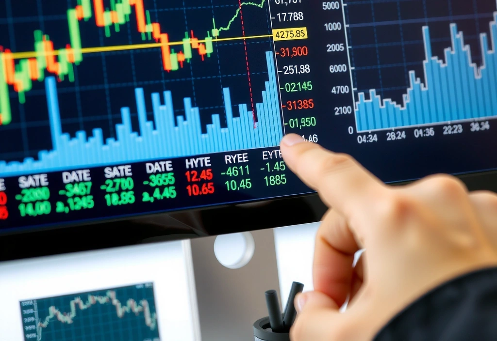 Detailní grafy a čísla na monitoru počítače s rukou ukazující na data