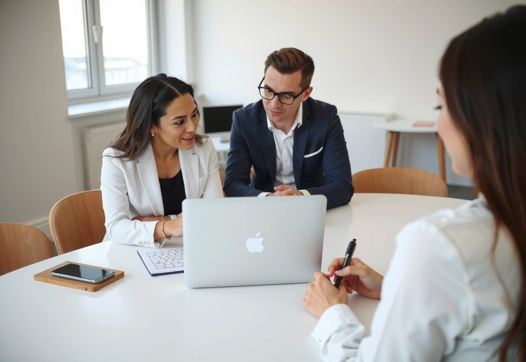 Dvě osoby diskutují u stolu s notebookem a poznámkovým blokem