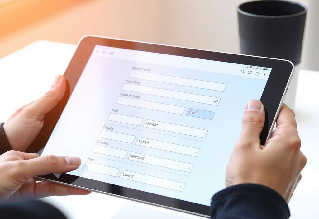 Osoba vyplňující online formulář na tabletu